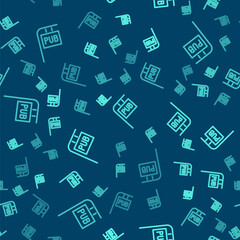 Green line Street signboard with inscription Pub icon isolated seamless pattern on blue background. Suitable for advertisements bar, cafe, restaurant. Vector Illustration.