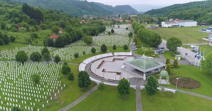 Srebrenica, Bosnia-Herzegovina, June 01 2020: Srebrenica-Potocari memorial and cemetery for the victims of the 1995 massacre, aerial view.