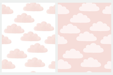 Fluffy Clouds Vector Pattern. Irregular Hand Drawn Simple Cloudy Sky Print for Fabric, Textile, Wrapping Paper. Repeatable Sky Design. Clouds Isolated on a Light Pink and White Background. 