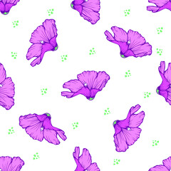 Seamless pattern with hand drawn pink flowers and leaves, vector illustration