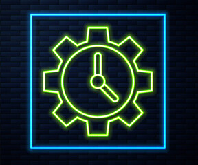 Obraz premium Glowing neon line Time Management icon isolated on brick wall background. Clock and gear sign. Productivity symbol. Vector Illustration.