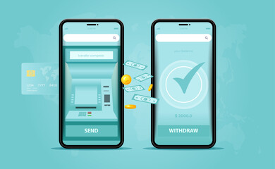 Fototapeta na wymiar Phone with a mobile interface of the online payment, ATM, money transfers, financial transactions and digital financial services. mobile banking. falling Money on the Mobile ATM. vector illustration
