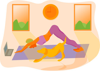 Woman in downward-facing dog pose with dog. Female cartoon character practicing yoga. Girl stretching flat illustration vector