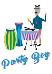 man on beach party drums and music systems illustration