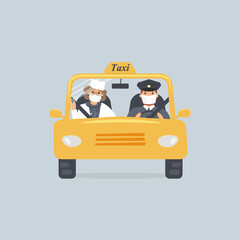 Taxi driver and woman doctor in protective medical masks sitting in front seat in cab seen through windshield.Lady physician using taxicab services during virus epidemic. Colourful vector illustration