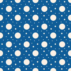 Polka dot print on blue background. Simple, vector, flat seamless pattern, texture, back. Fabric, textile, packaging design. Retro style. White points, circles of different size. 