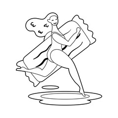 Young smiling girl with in swimming suit running with rubber inflatable mattress. Summer seaside beach pool party. Vector doodle line art icon sticker isolated on background. Coloring pages, stamp. 