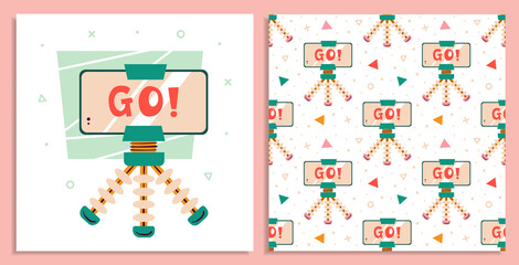 Smartphone with tripod on white background. Blogger items. Making video in studio. Media content. Podcast, stream, vlog, channel, music. Flat vector seamless pattern, texture, backdrop. Card making.