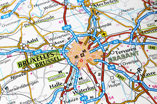 Bruxelles city road map area. Closeup macro view of Bruxelles in Belgium