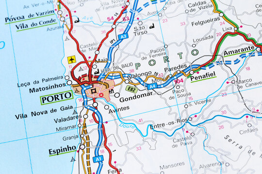 Porto city road map area. Closeup macro view of Porto in Portugal