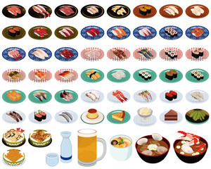 回転寿司の人気メニューアイコン①（まぐろ、いくら、うに、天ぷら、茶碗蒸し）