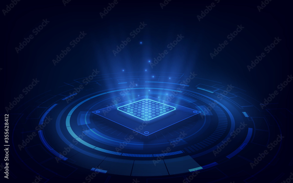 Poster abstract technology chip processor background circuit board and html code,3d illustration blue techn