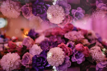 a bouquet of pink, red and purple flowers. Mirror reflection