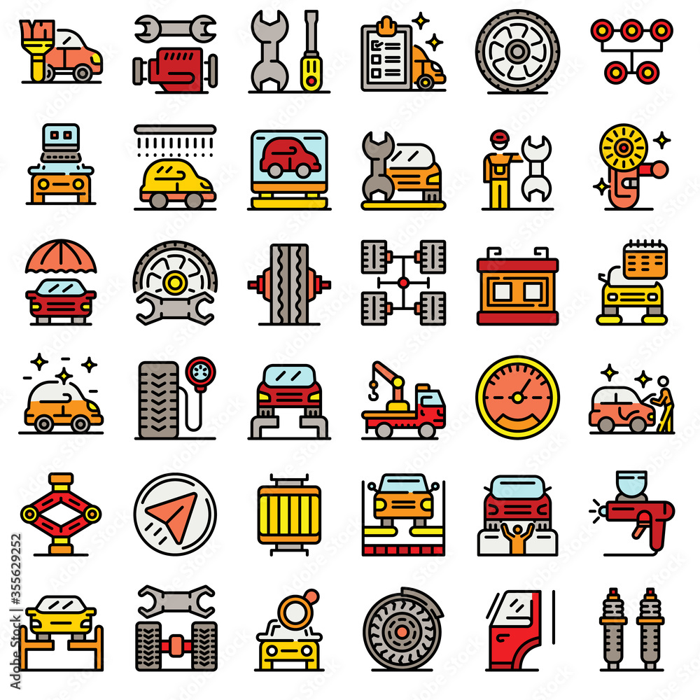 Poster tire fitting icons set. outline set of tire fitting vector icons for web design isolated on white ba
