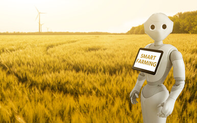 Robot with a digital tablet on the background of an agricultural field. Smart farming