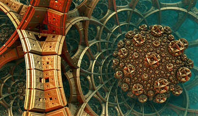 Abstract background 3D, fantastic gold shapes, interesting underwater render illustration. 
