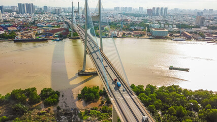 Drone view of Phu My bridge in District 2. Ho Chi Minh city, Vietnam