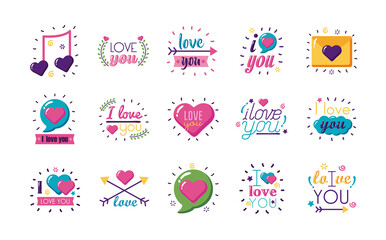 I love you texts flat style icon set vector design