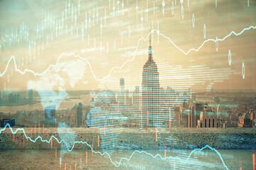 Forex graph on city view with skyscrapers background multi exposure. Financial analysis concept.