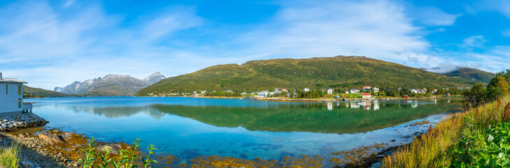 Panoramic view of mountains and hills around Tromso and Tromsoysundet strait in Norway