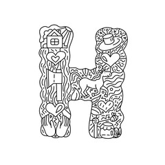 Alphabet. Letter H. Coloring. Cute objects isolated on a white background: house, heart, hands, hat, horse, honey. Doodle style. Vector illustration.