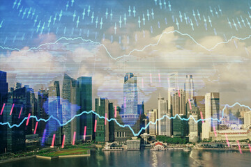 Obraz na płótnie Canvas Forex chart on cityscape with skyscrapers wallpaper multi exposure. Financial research concept.