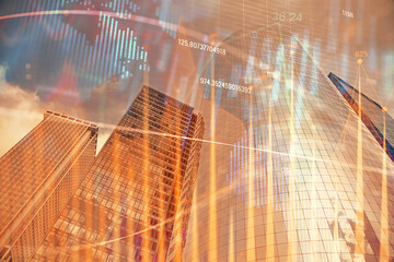 Forex chart on cityscape with skyscrapers wallpaper multi exposure. Financial research concept.