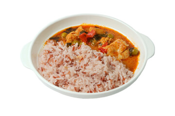 Thai panang chicken curry with organic brown rice isolated on white background