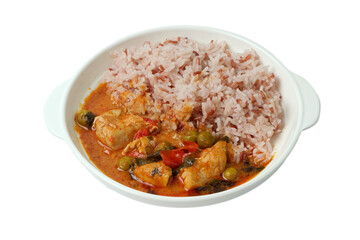 Thai panang chicken curry with organic brown rice isolated on white background