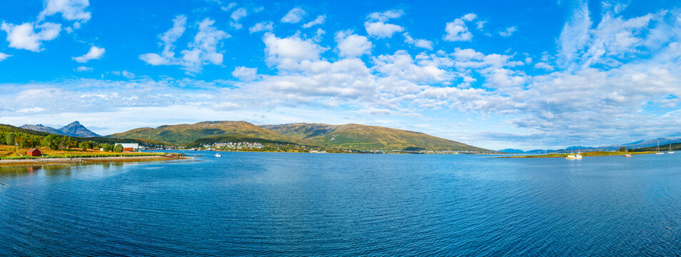 Panoramic view of the Sandnessundet strait from Hakoya island in Tromso Municipality in Troms county, Norway