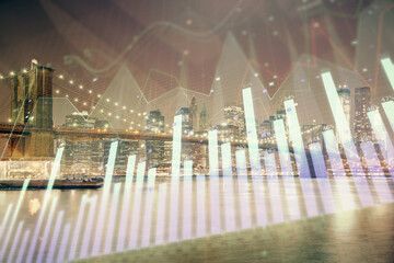 Financial chart on city scape with tall buildings background multi exposure. Analysis concept.