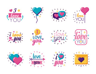 I love you texts flat style icon set vector design