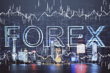 Financial graph on night city scape with tall buildings background double exposure. Analysis concept.