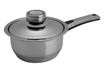 shiny pan with a long handle, stainless steel, covered with a lid, on a white background
