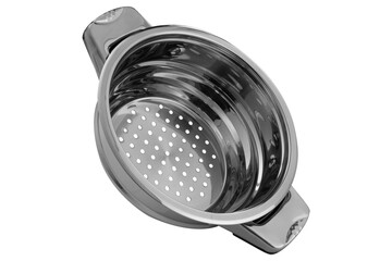 shiny stainless steel colander, on a white background, diagonally inclined