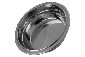 shiny stainless steel bowl, as if flying, on a white background, modern dishes