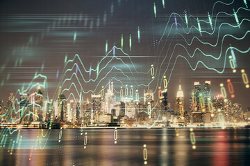 Financial graph on night city scape with tall buildings background multi exposure. Analysis concept.