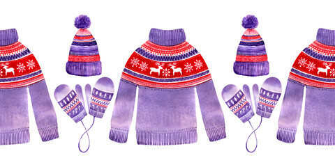 Watercolor seamless border with winter sweaters, hats and mittens. Christmas clothing