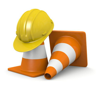 3d illustration traffic cone with protective helmet