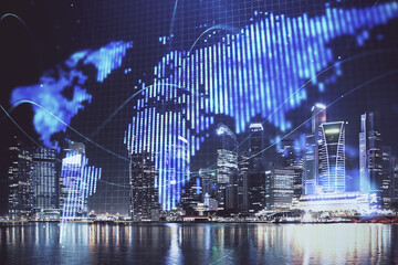 Double exposure of business theme hologram drawing and city veiw background. Concept of success.