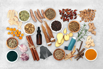 Herb and spice collection with acupuncture needles used in natural and chinese herbal medicine to treat asthma and respiratory diseases and medical inhaler with salbutamol drug. Flat lay.