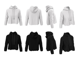 Women's sweatshirt. Front, back, side. Hooded cropped top with long sleeve, pullover, gumper. Template, mockup white and black colors. Sports uniform. 3D illustration isolated on a white background.