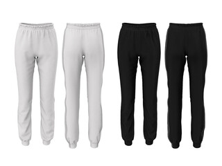 Women's fashion sweatpants in white and black color isolated on white background. Front and back view. Template, mockup. Sports uniform. 3D illustration of pants with realistic fabric texture.