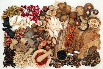 Large selection of traditional Chinese herbs & spices used in herbal medicine with tablets to boost...