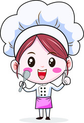 Vector illustration Safe woman holding a spoon on a white background.