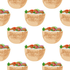 Traditional dish of Jewish cuisine Falafel pita sandwich. Vegetarian food. Meal background. Seamless pattern.