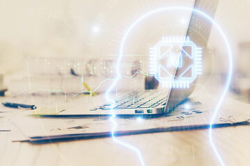 Double exposure of desktop computer and human brain drawing hologram. Ai concept.