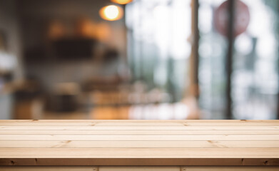 Empty wooden table top on abstract blur background