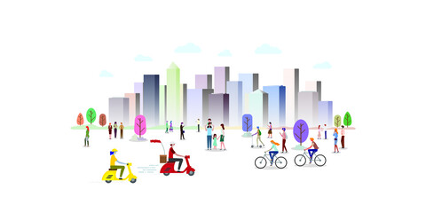 A group of people in the city park. People in various gestures, such as standing, walking, talking with mobile phone. Website header or banner design. Vector illustration.