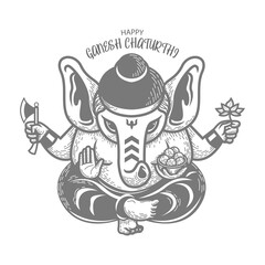 Hand drawn vector illustration of Ganesh Chaturthi. line drawing. black and white